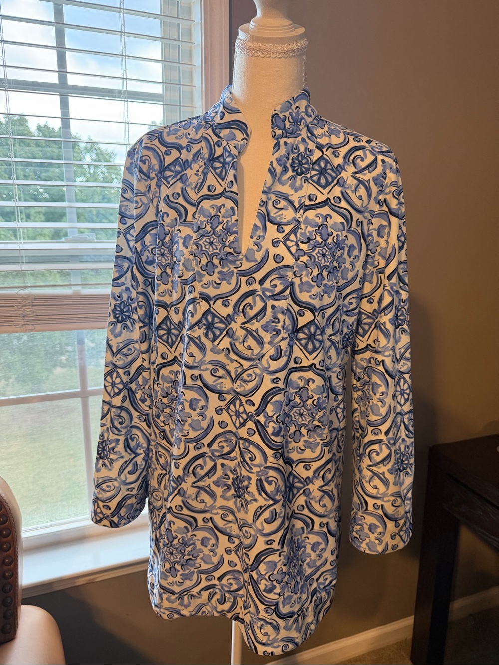 Jude Connally Blue and White Printed Long-Sleeve Tunic